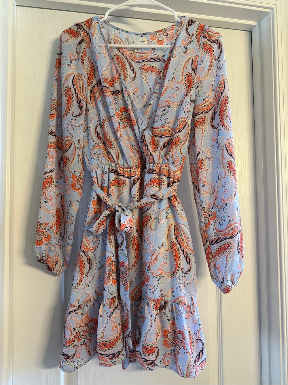 EUC Jun & Ivy Paisley Wrap Mini Dress in Light Blue and Orange
